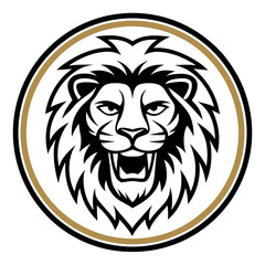 Obraz premium a roaring lion mascot head inside a gold and black circle design. The lion's face is fierce, showing its sharp teeth, vector illustration