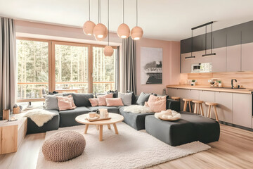 Fototapeta premium Modern Living Room Design with Kitchen