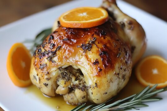 Roasted Herb Chicken with Orange Slices Deliciously Golden Brown Juicy Roast Chicken Dinner Recipe Festive Holiday Meal Preparation eat food oven      - Powered by Adobe