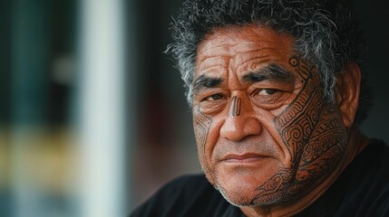 Man's portrait. Detailed face tattoos, serious expression. Graying hair, textured skin