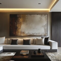Elegant living room displays an abstract painting on a wall