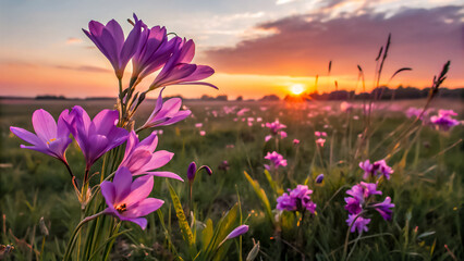 Fototapeta premium 夕焼け空に咲く紫の花 - ロマンチックな風景