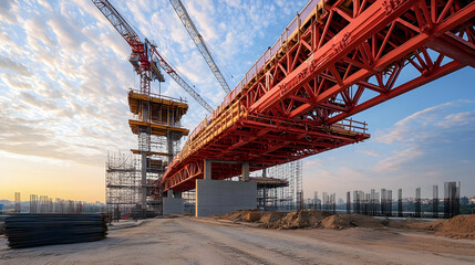 Construction Site of a Red Steel Bridge at Sunset with Cranes and Concrete Pillars Under a Cloudy Sky