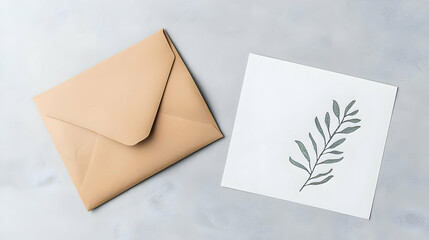 Elegant Invitation Suite Kraft Envelope and Blank Card With Green Botanical Illustration on Gray Concrete Background Flat Lay Styled Stock Photo