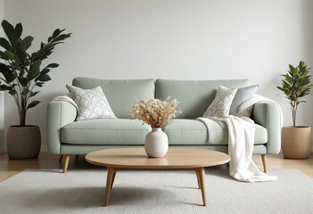 A light green couch with wooden legs and throw pillows sits next to a round coffee table with a white vase of dried flowers on top.