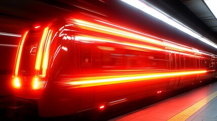 Red train speeding through subway tunnel