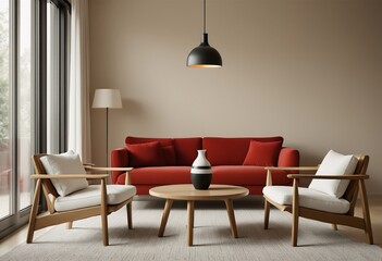 A modern living room with a red couch and wooden chairs.