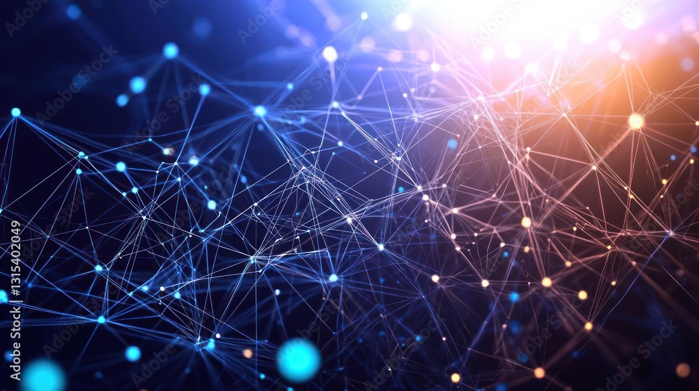 Poster abstract blue and orange digital network connections with illuminated dots and lines