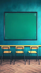 Empty Classroom, Green Board, Chairs