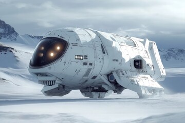 Obraz premium Futuristic spacecraft on a snowy landscape near mountain range under a cloudy sky