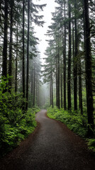 Obraz premium Misty Forest Path with Soft Morning Light 