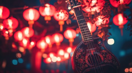 Naklejka premium Acoustic Guitar Among Colorful Lanterns in Festive Night Scene