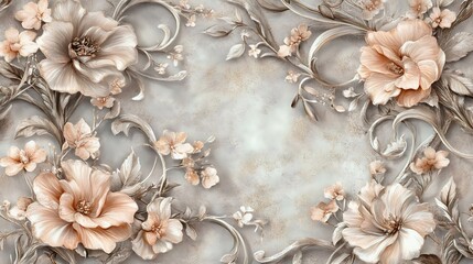 Fototapeta premium Beautiful floral design featuring soft peach and cream flowers elegantly arranged against a textured background, perfect for invitations or decor.