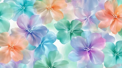 A vibrant floral pattern showcasing translucent flowers in pastel colors, perfect for backgrounds and design projects.