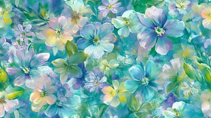 A vibrant floral pattern featuring a mix of colorful flowers against a rich teal background, perfect for spring themes and nature designs.