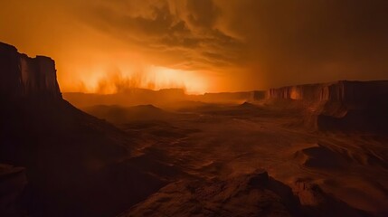 A stunning view of a desert landscape bathed in a surreal orange glow, highlighting dramatic cliffs and moody atmospheric conditions.