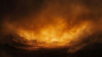 A dramatic landscape filled with fiery orange and yellow hues creating an intense atmospherical scene. Perfect for fantasy or sci-fi themes.