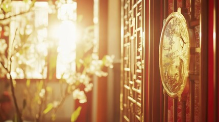 Beautiful vintage clock against warm sunlight in traditional setting