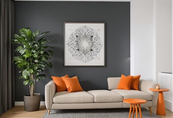 Modern Living Room with Gray Accent Wall and Beige Sofa.