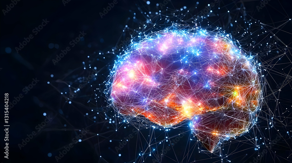 Aufkleber glowing polygonal human brain with neural network connections on dark background artificial intellig