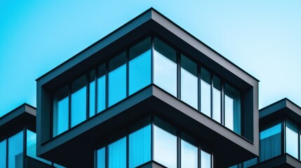 Obraz premium Modern building corner with geometric lines, reflecting sky in windows
