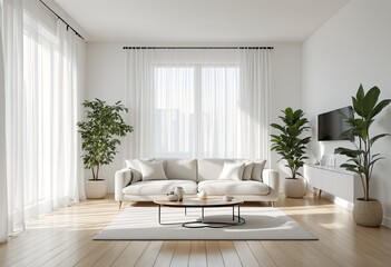 Fototapeta premium A modern minimalist living room with white walls and furniture.