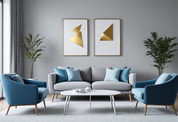 Modern Living Room with Gray Couch and Blue Chairs: A Contemporary Space Featuring a Sleek Gray Sofa, Complemented by Two Blue Accent Chairs, and Decorated with Gold Art Pieces and Green Plants.