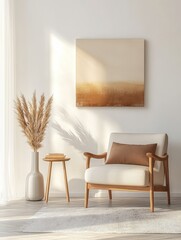 Cozy living room scene with pampas grass and a comfortable chair