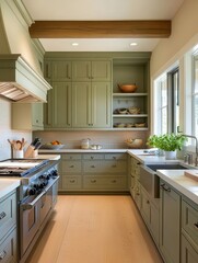 Fototapeta premium Modern kitchen featuring sage green cabinetry and a wood beam