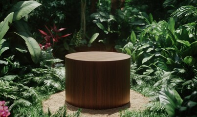 Wooden podium in lush jungle setting for product display