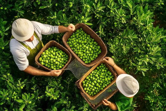 In a vibrant olive grove, diligent workers shake branches to release ripe olives, allowing the fruits to fall onto nets spread below. The air is filled with nature's bounty, surrounded by greenery
