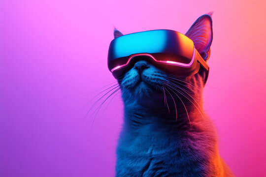 NFT futuristic cat wearing VR goggles with glowing lights isolated on a solid background