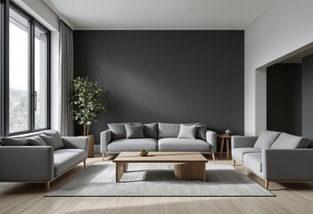 Fototapeta premium A modern living room with gray couches and wooden furniture.