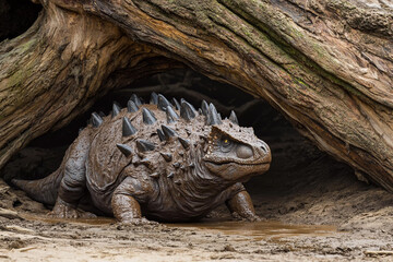 Terrifying dinosaur-like creature emerges from the mud at a natural habitat during the golden hour