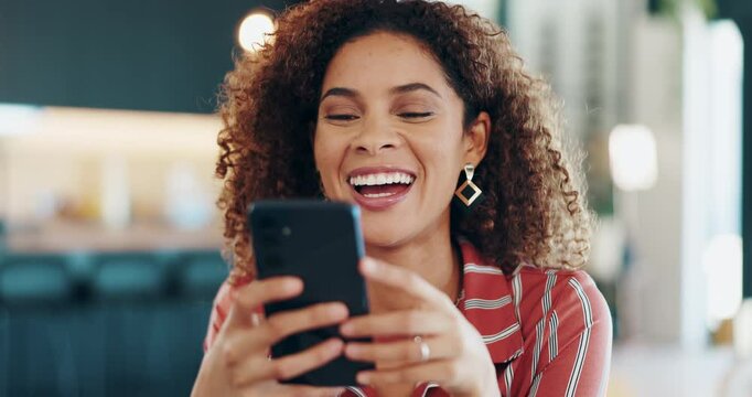Phone, smile and woman in kitchen in home reading online celebrity gossip blog with comedy. Laughing, cellphone and female person browsing on social media for funny, joke or comic post in house.