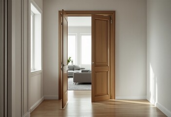 The interior of an empty room with white walls and light-colored wood floors, featuring two open doors leading to a living area.
