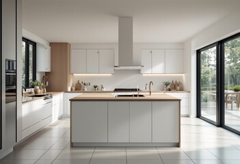 Fototapeta premium Modern minimalist kitchen with white cabinets and wooden countertops.