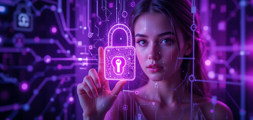 woman touching lock by hand glass effect abstract block chain technology cyber security theme dark purple gradient with glowing 3d digital lock which indicates strong protection, intricate details, sh