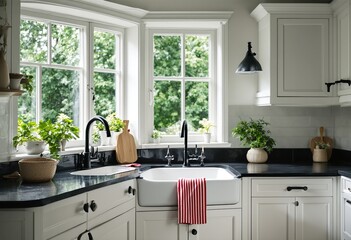 A modern white kitchen with black countertops and sink, featuring a large window over the sink, is situated in a house or apartment.