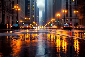 Obraz premium Moody Cityscape After Rain with Blurred Buildings and Cars – Evening Light Reflecting on Wet Asphalt for a Cinematic Urban Vibe