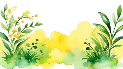 Obraz premium Watercolor Plants and Yellow Splashes for Springtime or Nature Designs
