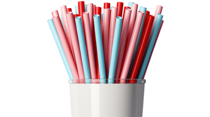 Colorful Plastic Straws Summer Party Style, Bright Design for Drinks in White Cup, isolated on transparent background.