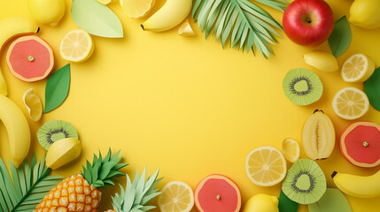 The tropical-themed paper fruits, such as pineapple, apple, lemon, banana, and kiwi, are arranged on a yellow background, offering room for text.