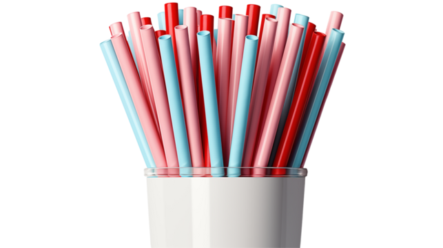 Colorful Plastic Straws Summer Party Style, Bright Design for Drinks in White Cup, isolated on transparent background.