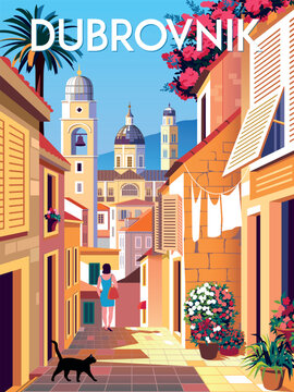 Dubrovnik Croatia travel poster. Mediterranean romantic landscape with street and traditional houses in the first plan, churches and mountains in the background. Handmade drawing vector illustration. 