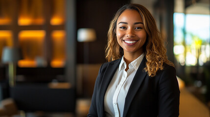 Professional Woman in a Black Suit Leading a Business Meeting in a Modern Hotel Conference Room – Low-Angle Corporate Photography