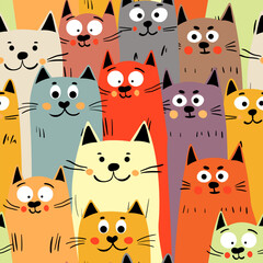 Seamless pattern with cute kitten print. Different scandy cats on color background. Scandinavian style illustration for kids. Vector illustration for fabric, textile, wallpaper, home clothing, pajama.