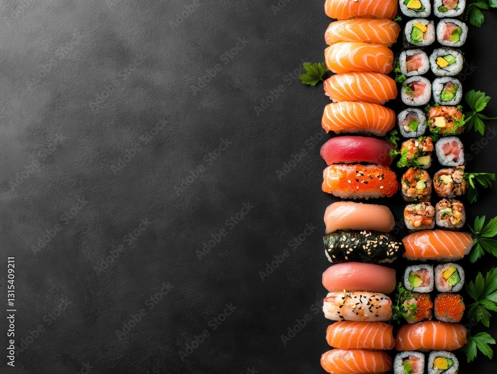Poster an array of traditional sushi rolls featuring sui kai varieties beautifully presented on a black tab