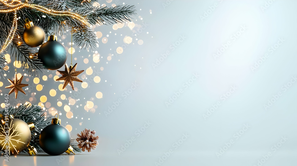 Poster elegant christmas ornaments pine branches and golden string lights on a soft blue background with bo
