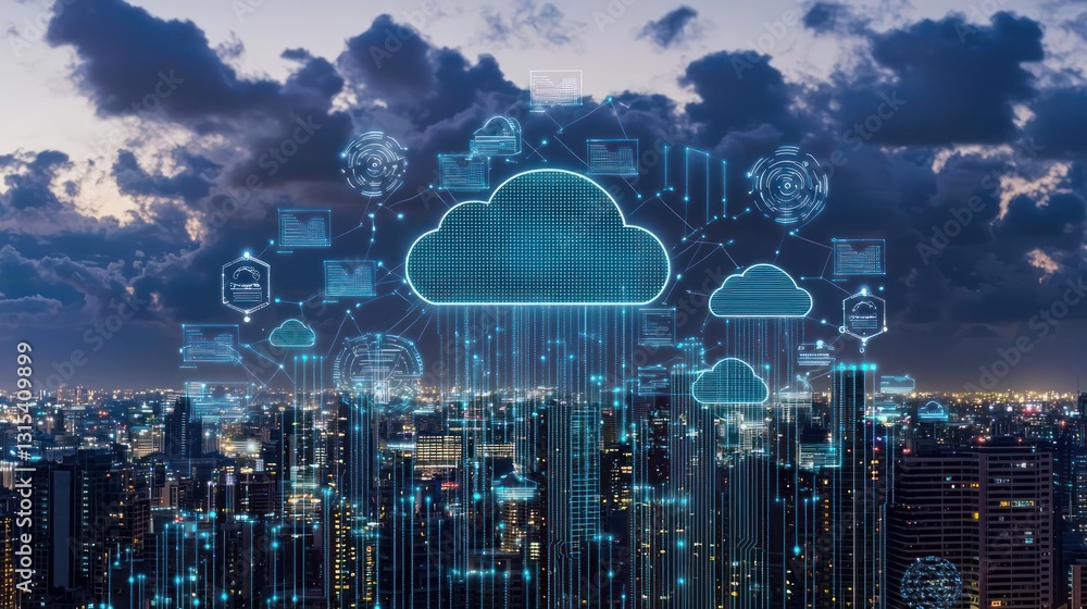 Poster digital cloud data visualization over city buildings under dark cloudy sky displaying technological 